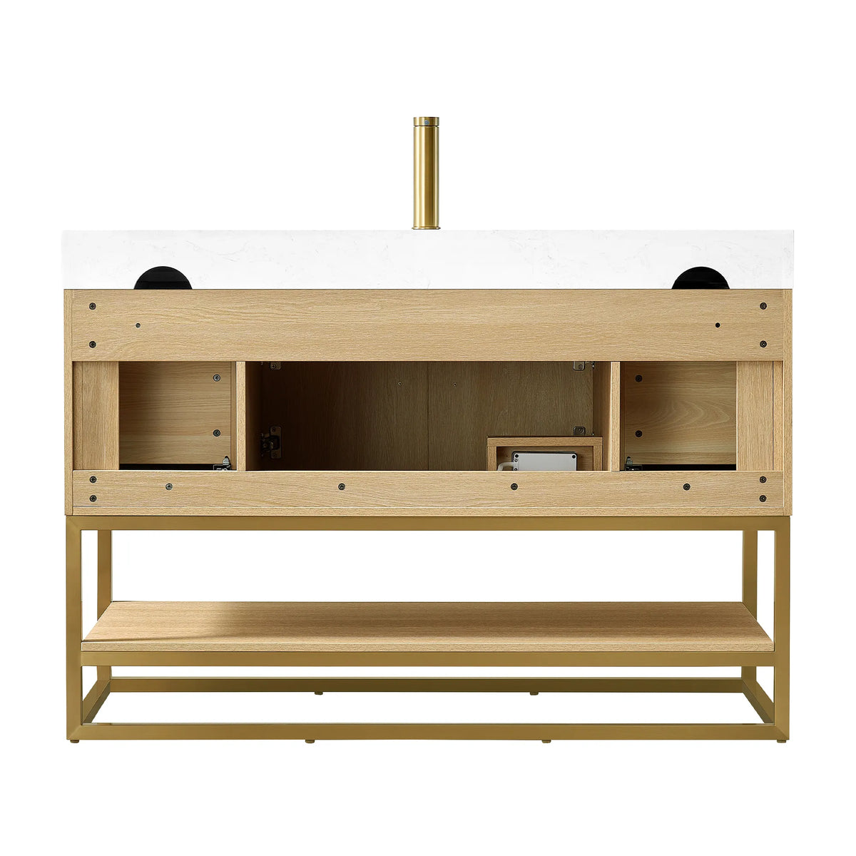Back panel left off this 48 inch single sink vanity in Dark Oak, seen from behind