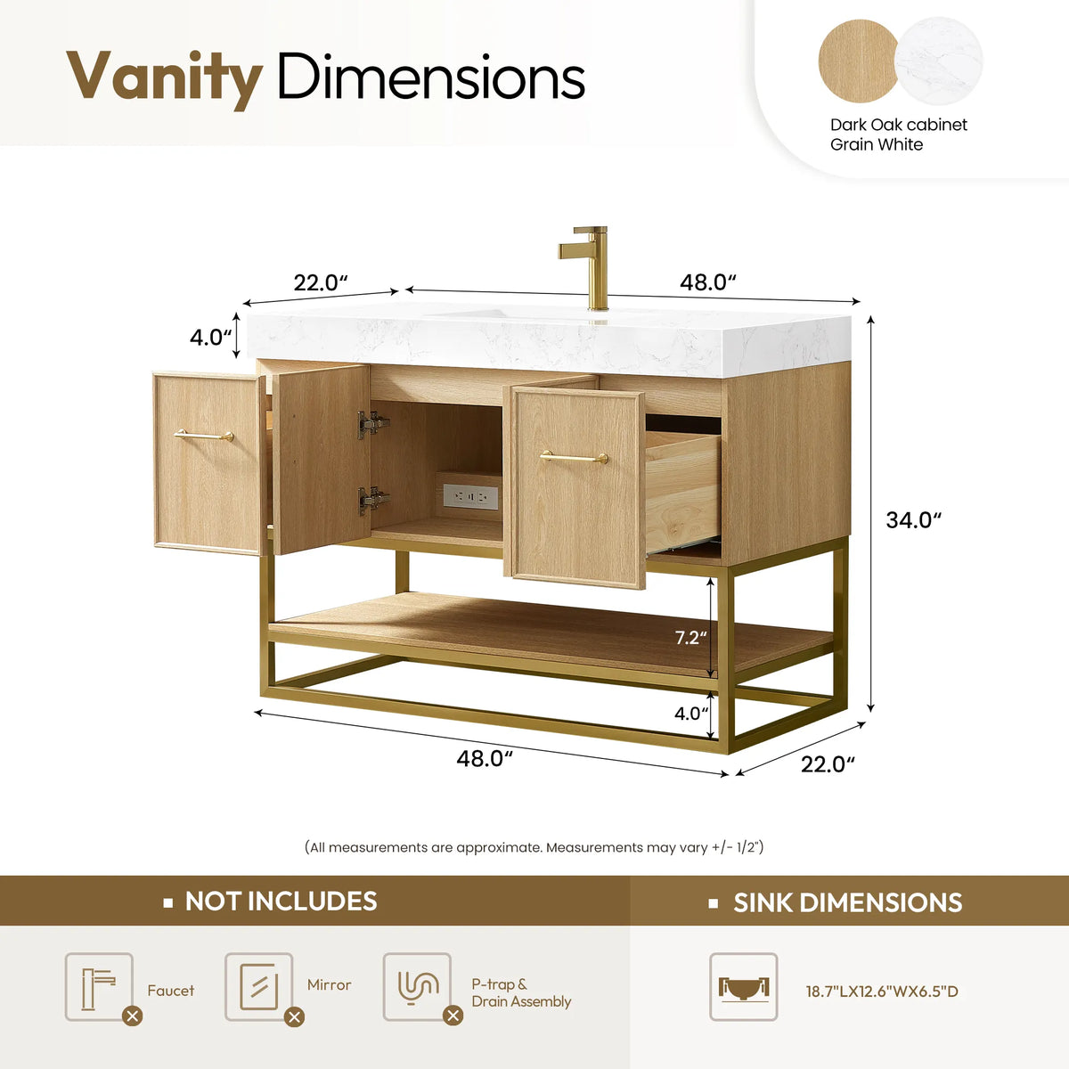 Sizing diagram of the 48 inch Dark Oak single sink vanity with overall dimensions
