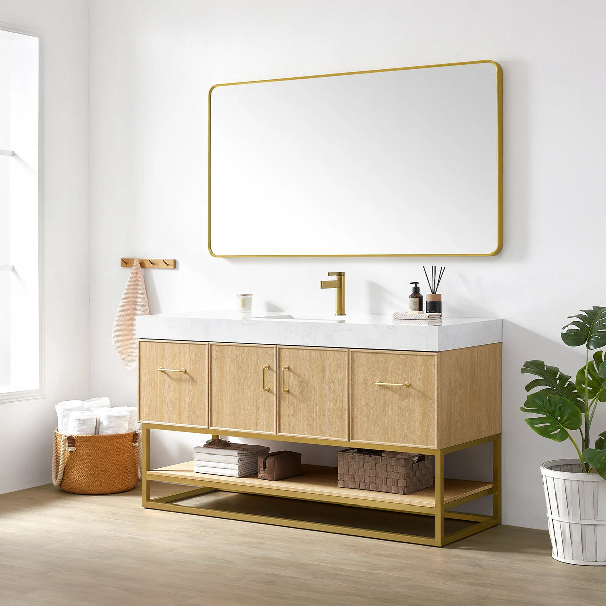 60 inch Dark Oak single sink vanity in a styled bathroom, basket of towels at its side