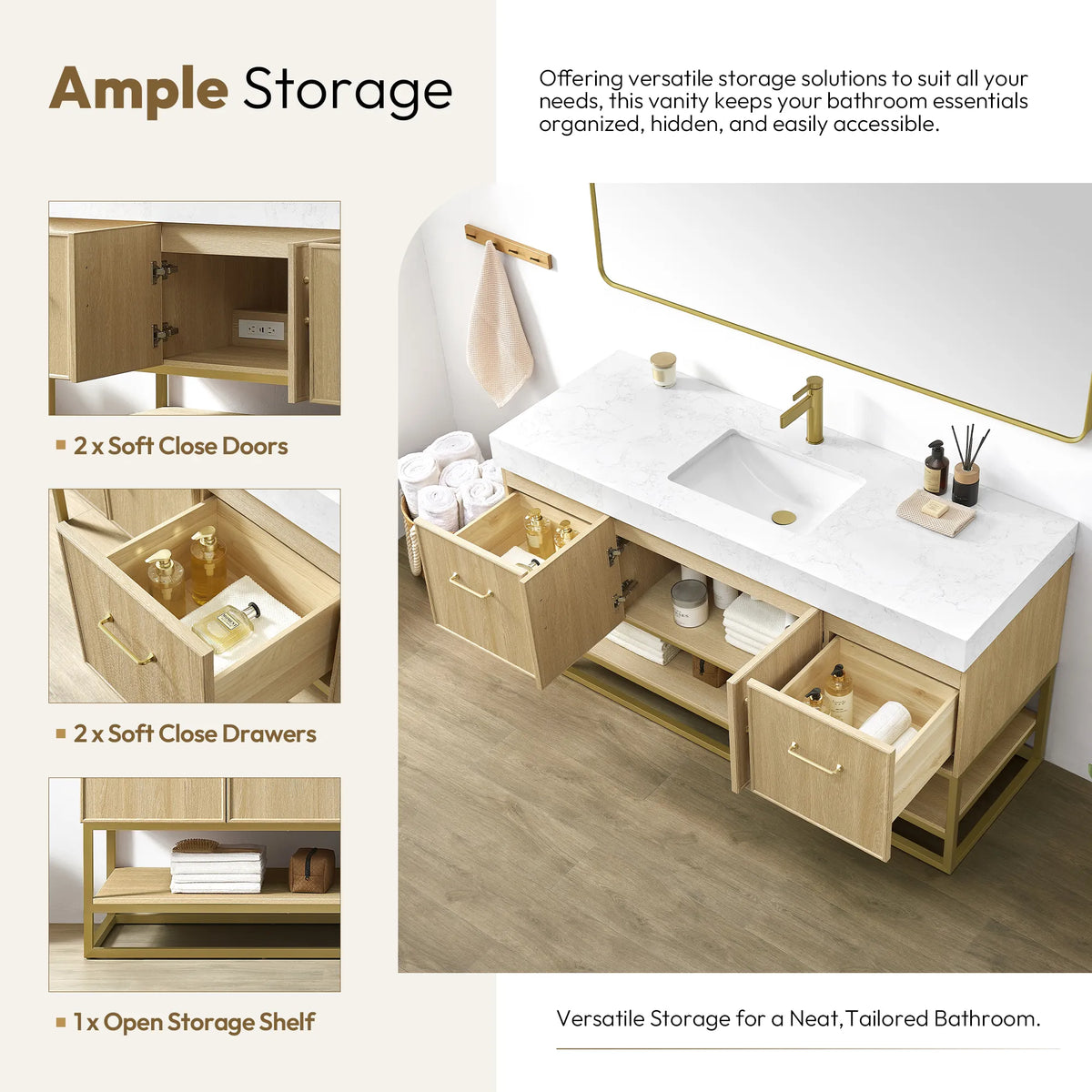 Feature graphic on the soft-close cabinet storage of the 60 inch Dark Oak vanity