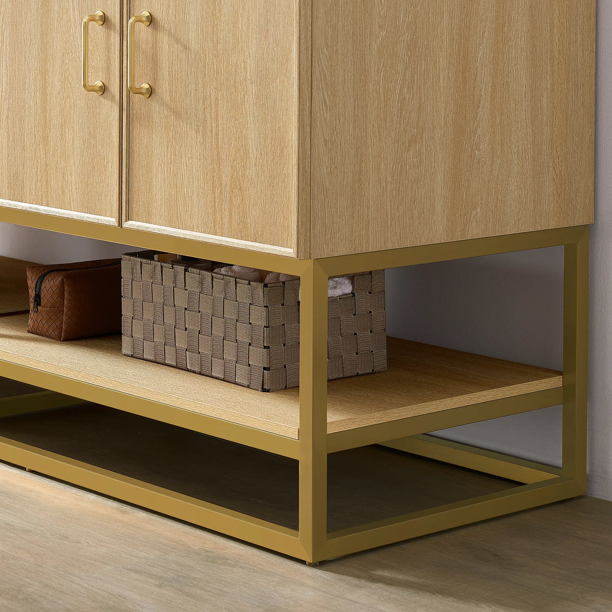 Base detail of the 60 inch Dark Oak single sink vanity with a storage basket on the open shelf
