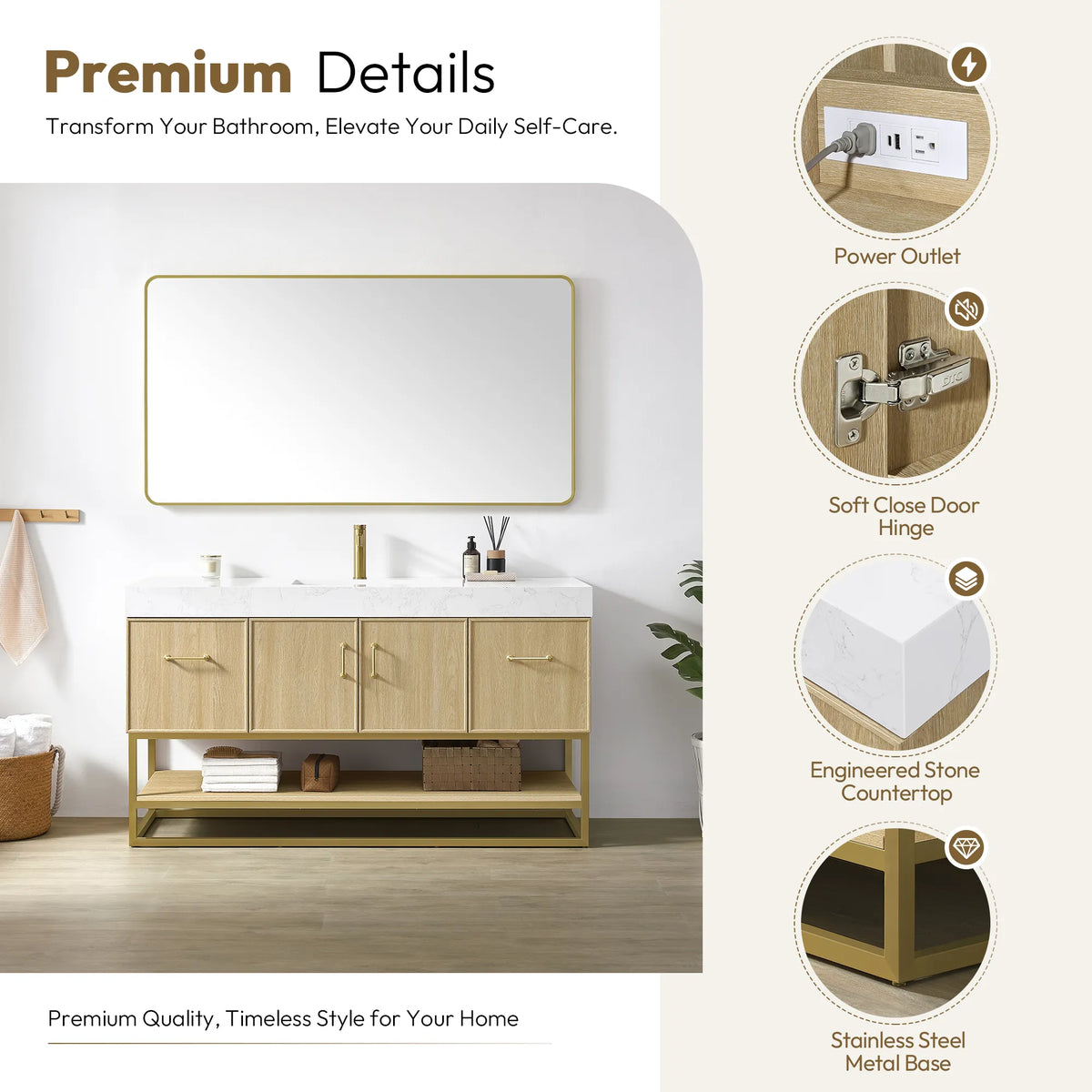 Four feature close-ups on the 60 inch single sink Dark Oak vanity, from outlet to metal base