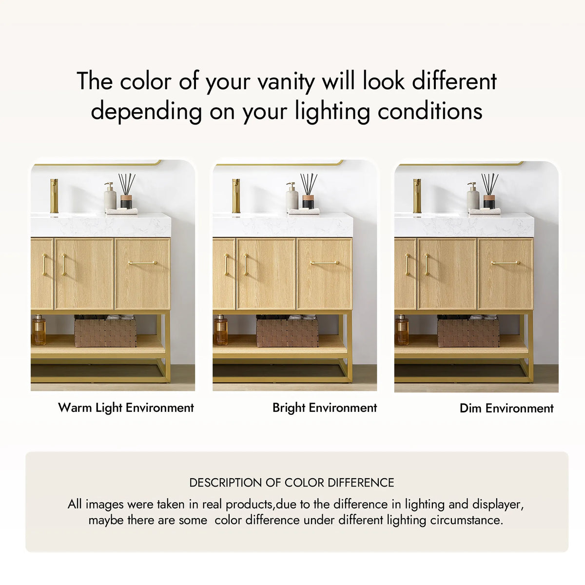 Lighting comparison for the Dark Oak finish, three views of the same vanity, 60 inch single
