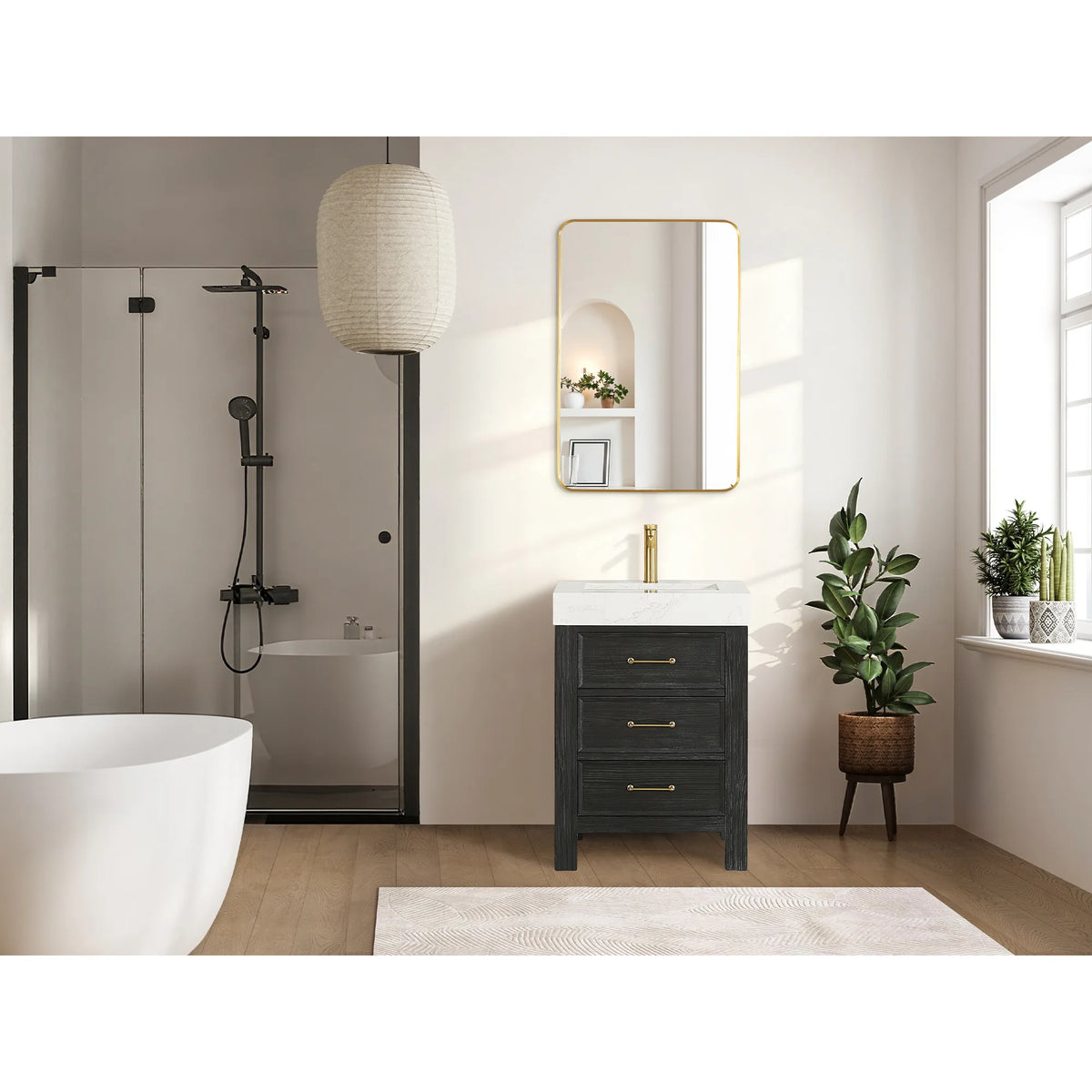 Room scene: a rectangular wall mirror above a Fir Wood Black single vanity of 24 inches, a bath with a tub in view