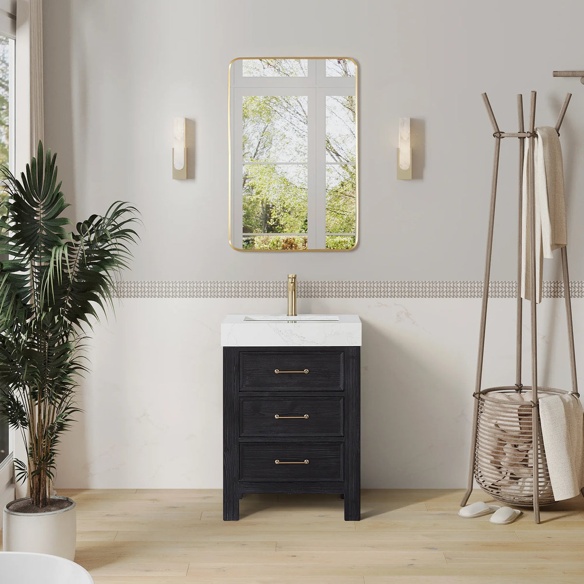 A bath with a tub in view: 24-inch single vanity in Fir Wood Black under a rectangular wall mirror