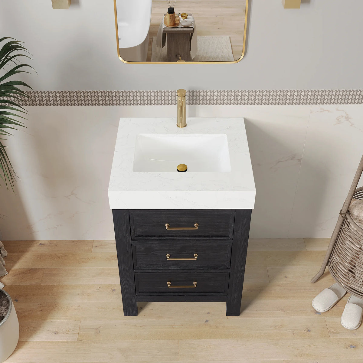 Tighter framing on the Fir Wood Black cabinet and its top; a bath with a wood floor