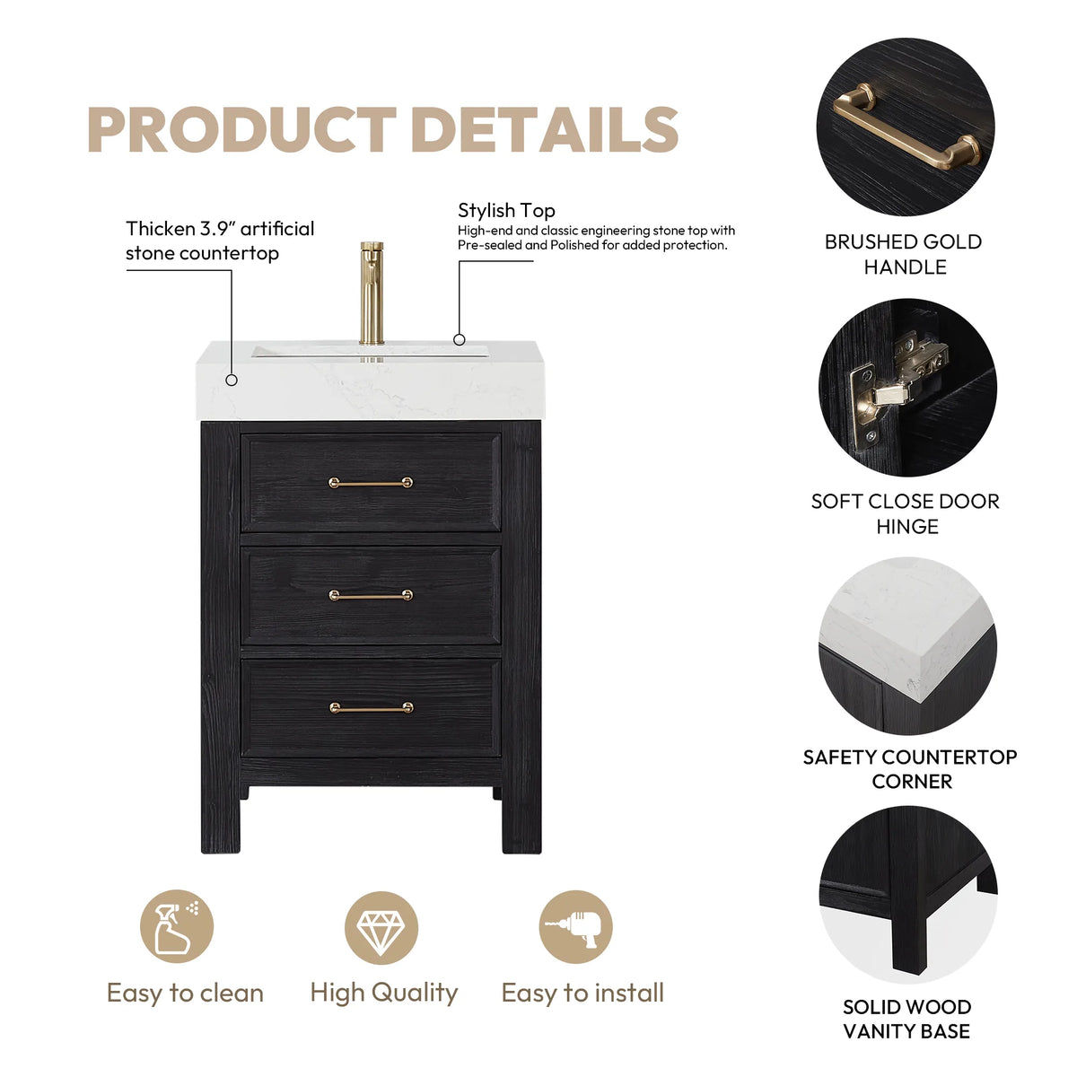 Product details graphic labeling brushed gold handle, safety countertop corner and solid wood base