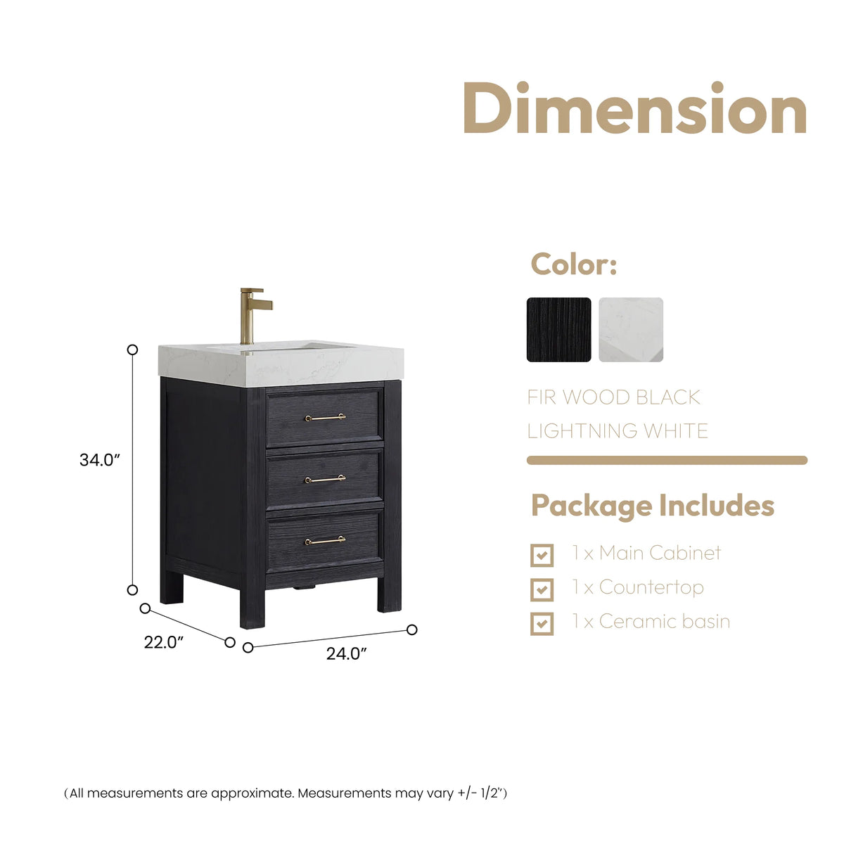 Size diagram for the 24-inch single vanity, 24 x 22 x 34 inches with top