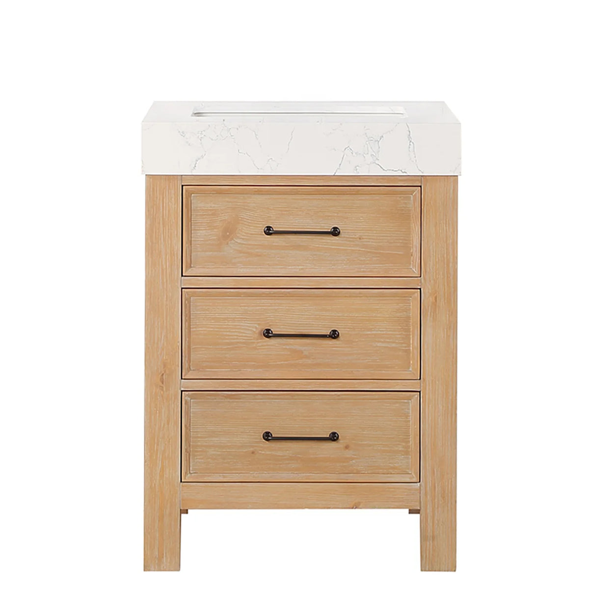 Straight-on view of the vanity with a faucet fitted; faucet not included