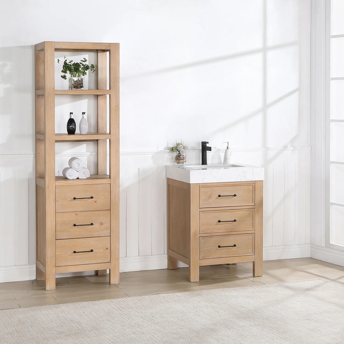 Separate tall cabinet (not included) beside the 24-inch single vanity
