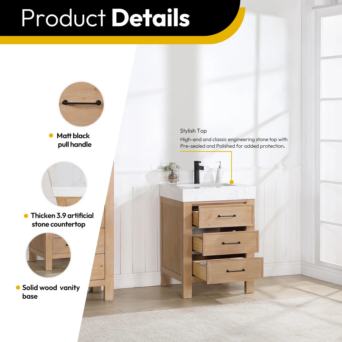 Details graphic calling out the pull handle and stone top, plus the solid wood base