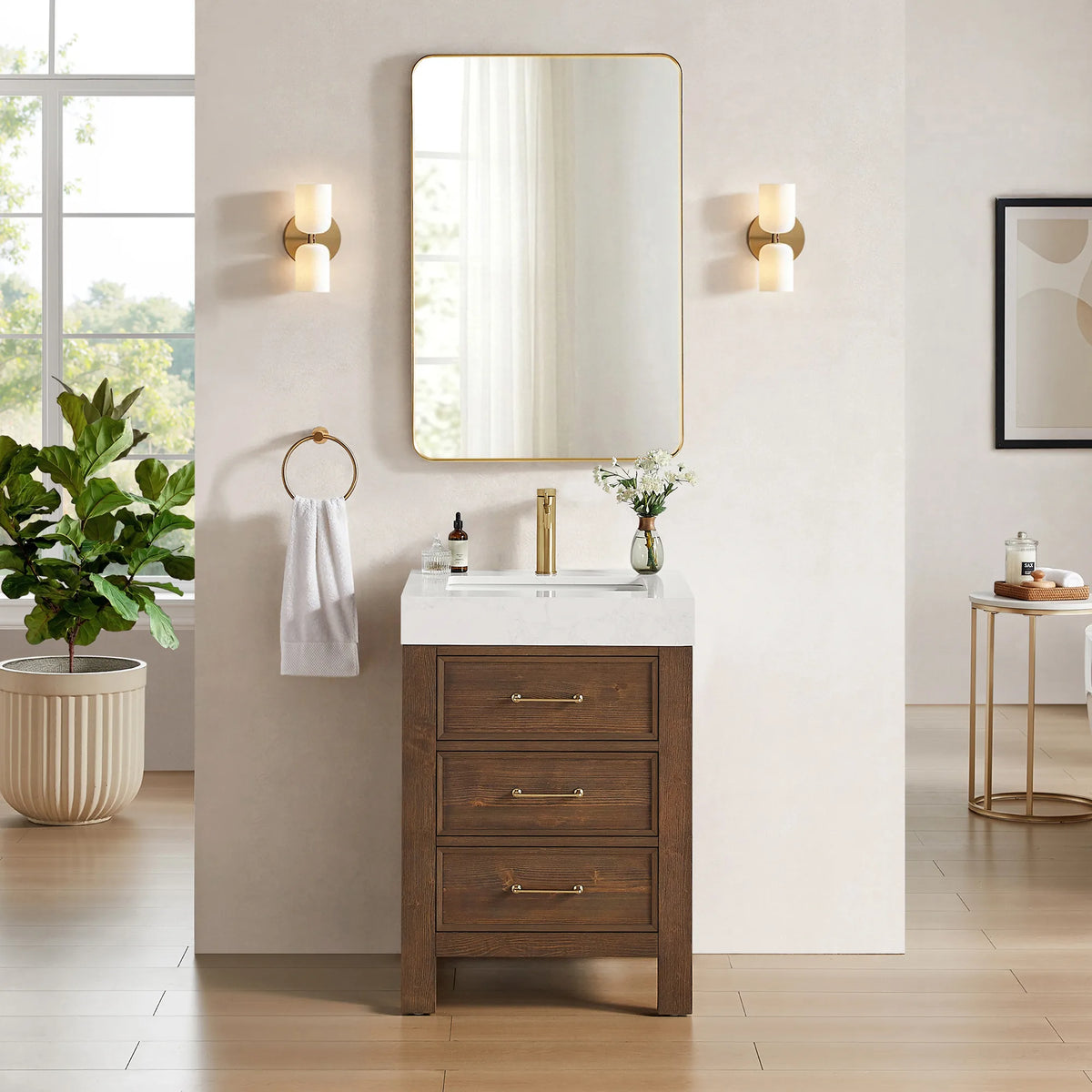 Staged view of the Spruce Aged Brown cabinet with a rectangular wall mirror over it