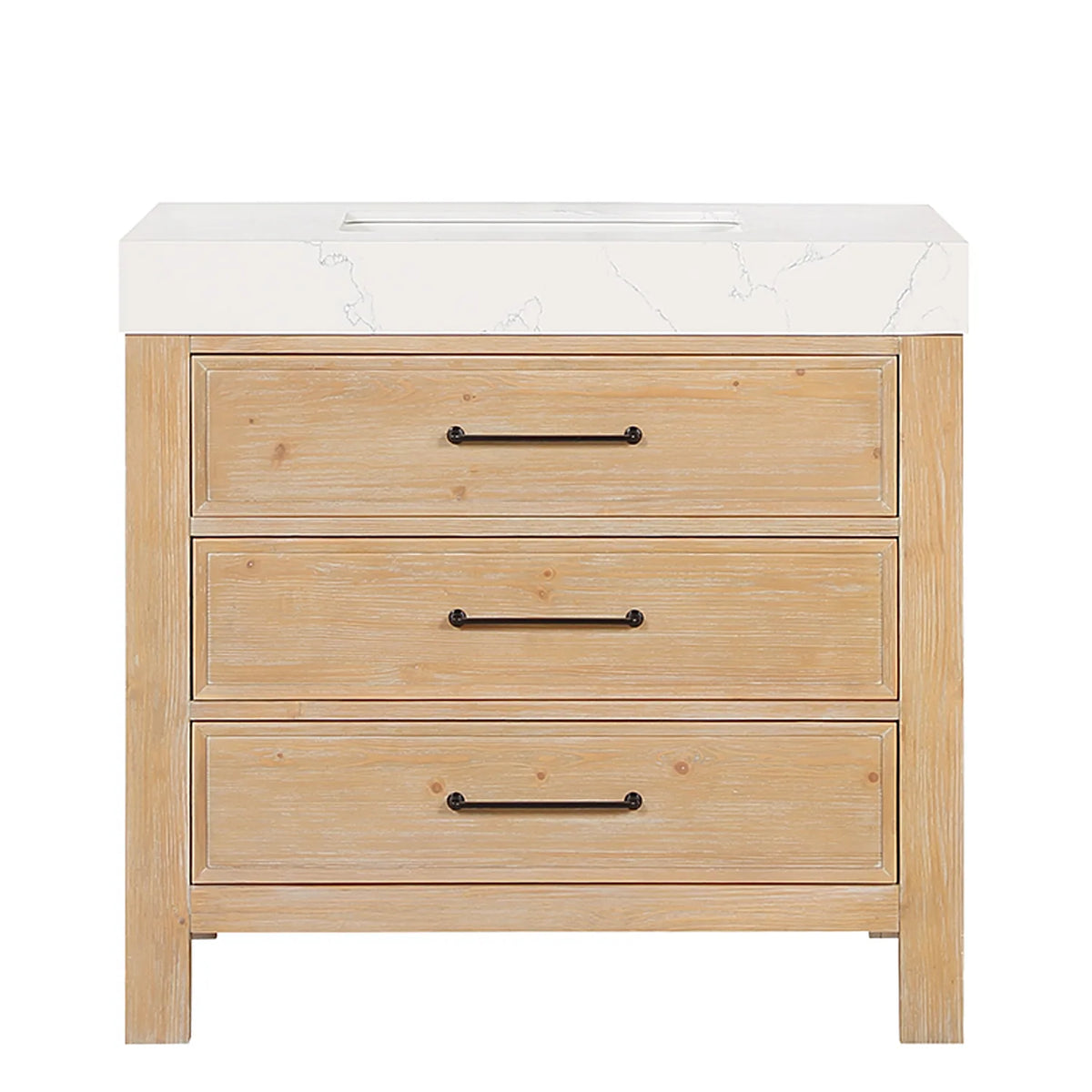 36-inch Fir Wood Brown single bathroom vanity with Lightning White composite stone top, studio front view
