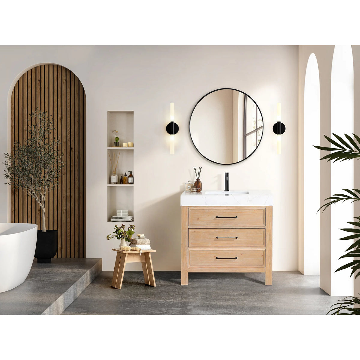 A sunlit bath with an arched wall niche: 36-inch single vanity in Fir Wood Brown under a circular wall mirror