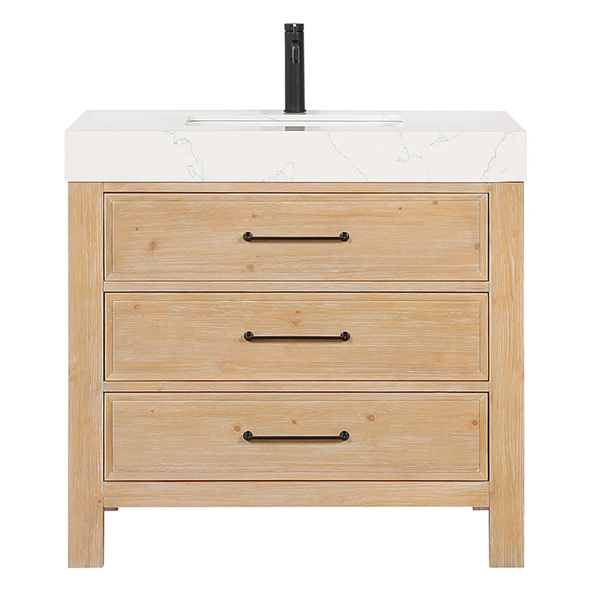 Straight-on view of the vanity with a faucet fitted; faucet not included