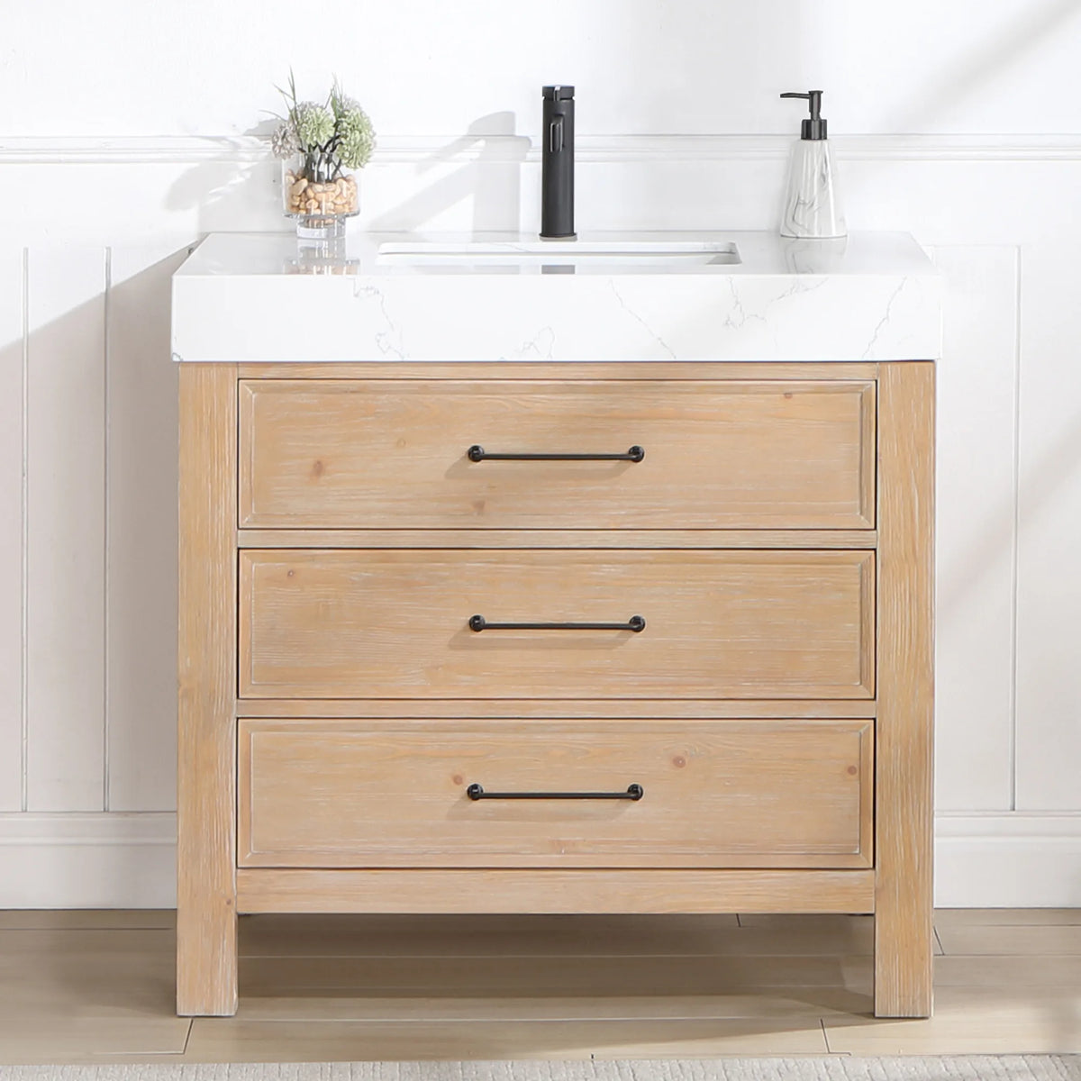 Near view of the Fir Wood Brown front and Lightning White composite stone top, a light bath with paneled walls
