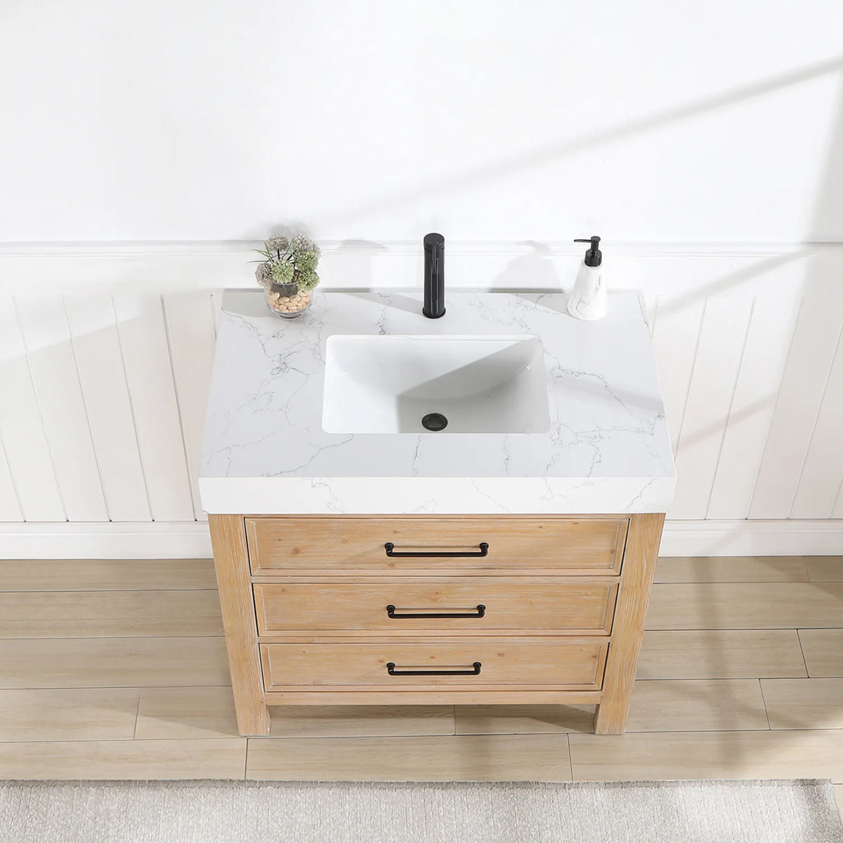 Top surface of the 36-inch vanity from above, ceramic sink in view