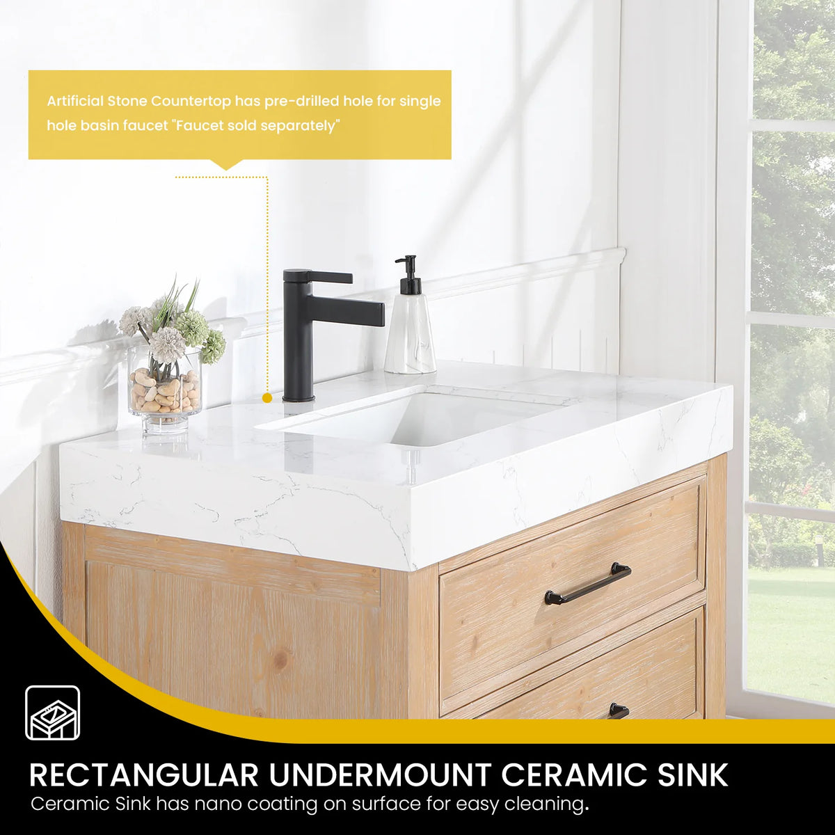 Undermount ceramic sink with a nano-coated surface; the faucet shown is not included