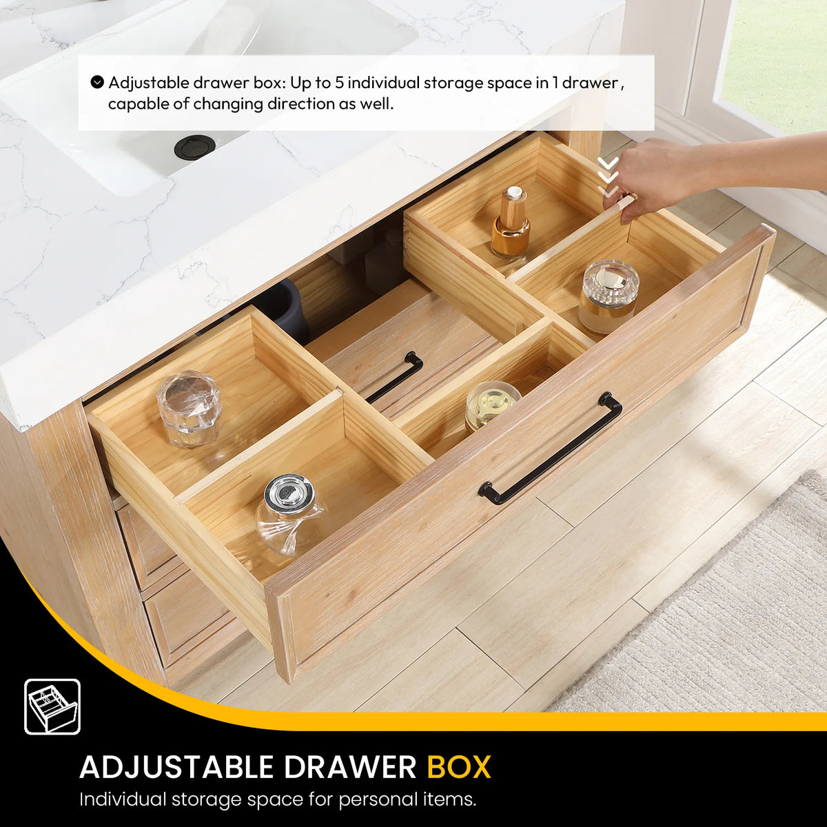 Adjustable drawer box with movable dividers rearranged by hand