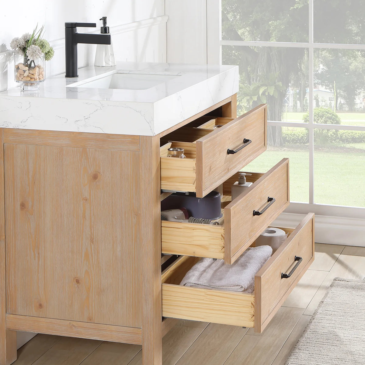Drawers pulled out to show the storage space in the Fir Wood Brown vanity