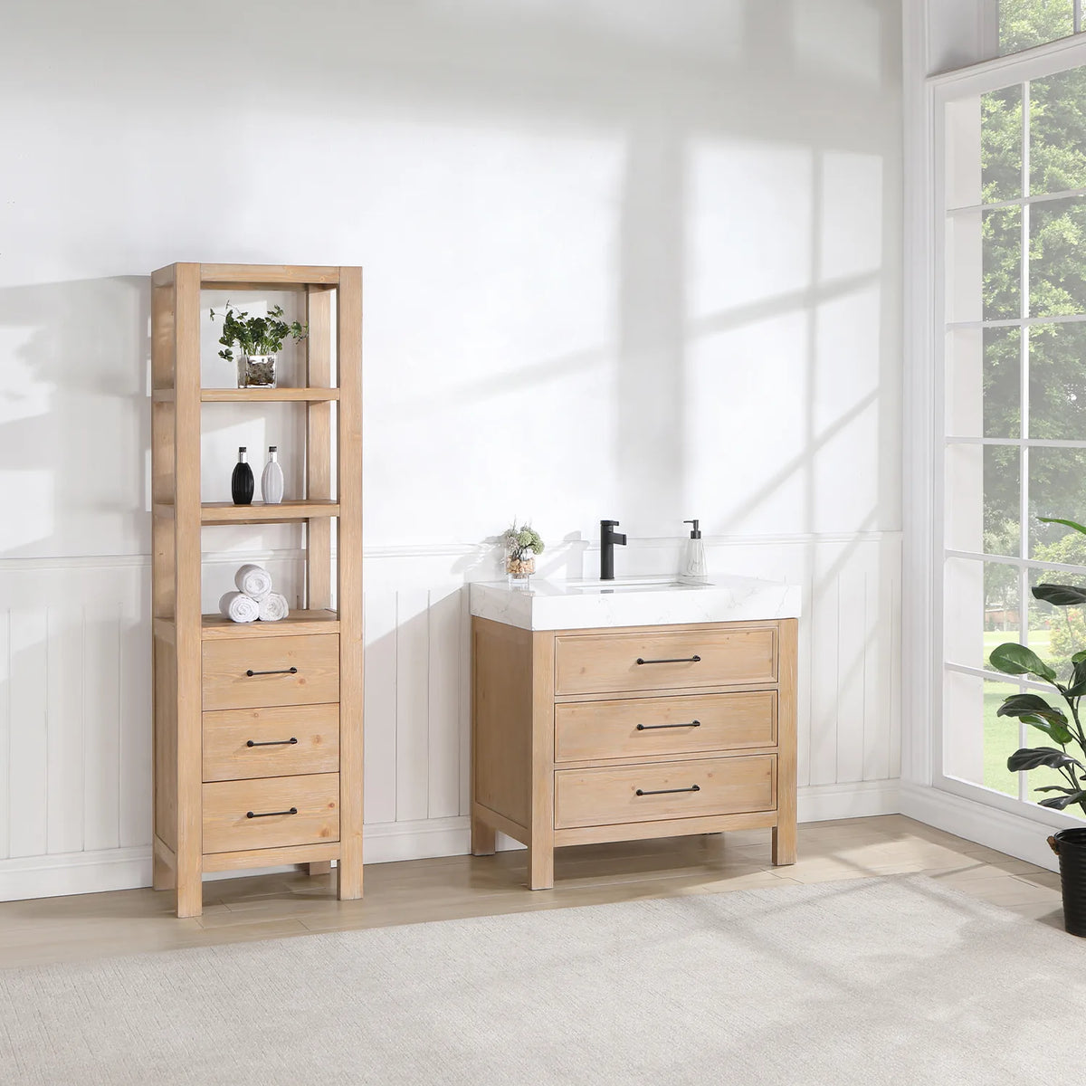 A light bath with paneled walls; the tall cabinet beside the Fir Wood Brown vanity is not included