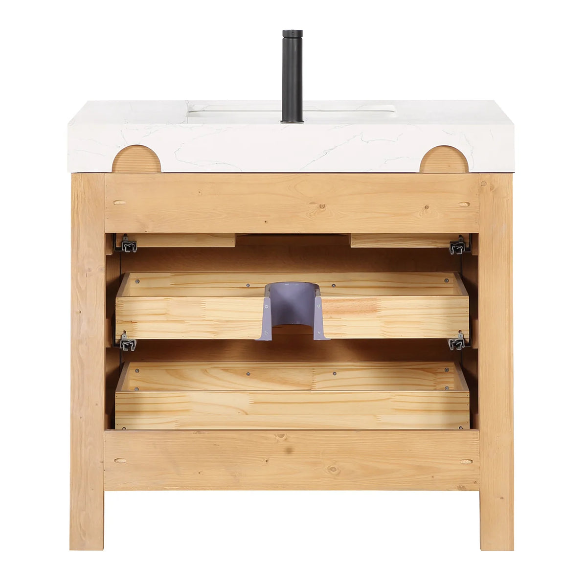 Interior of the Fir Wood Brown vanity base seen from the back, white background