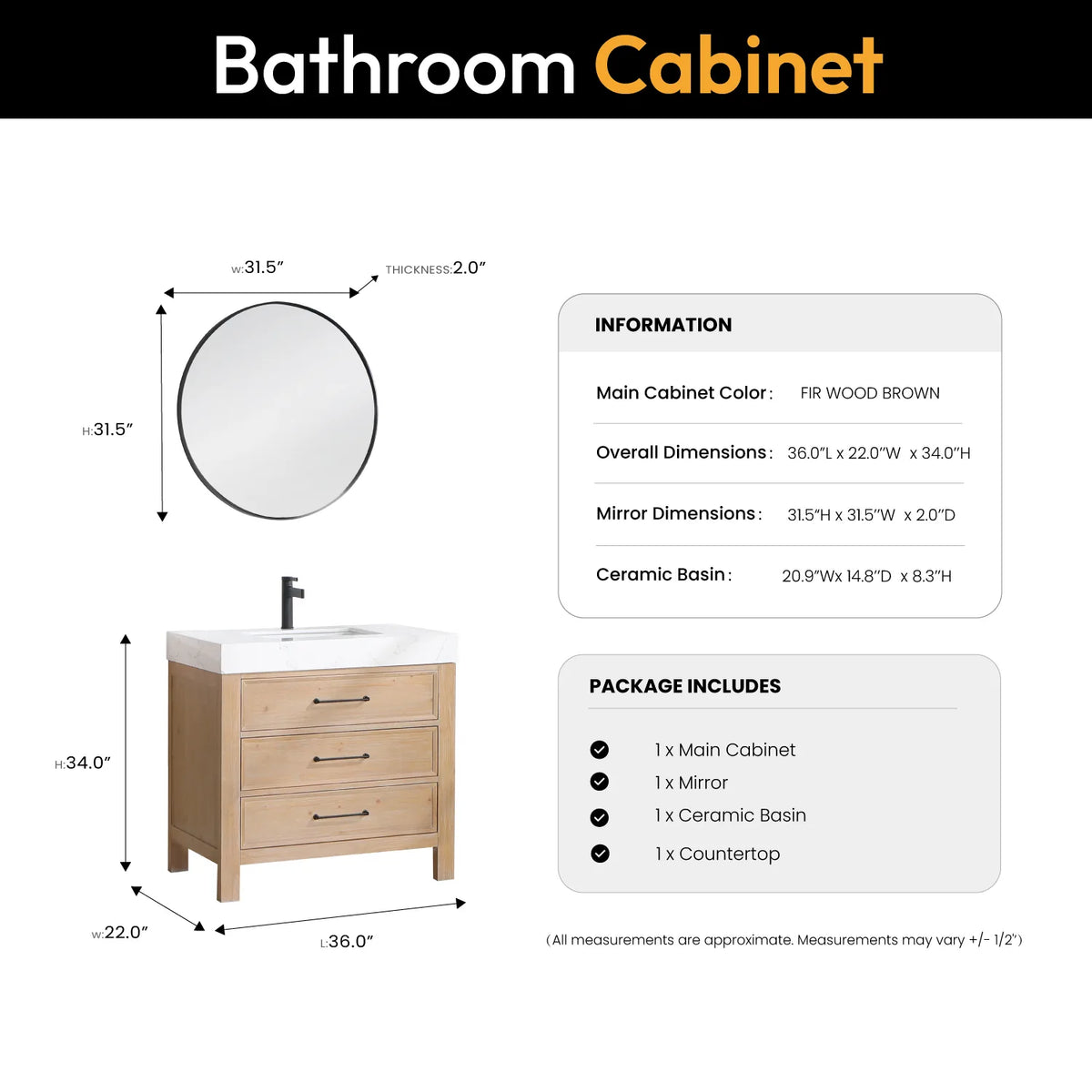 Size diagram of the 36-inch single vanity and its circular wall mirror