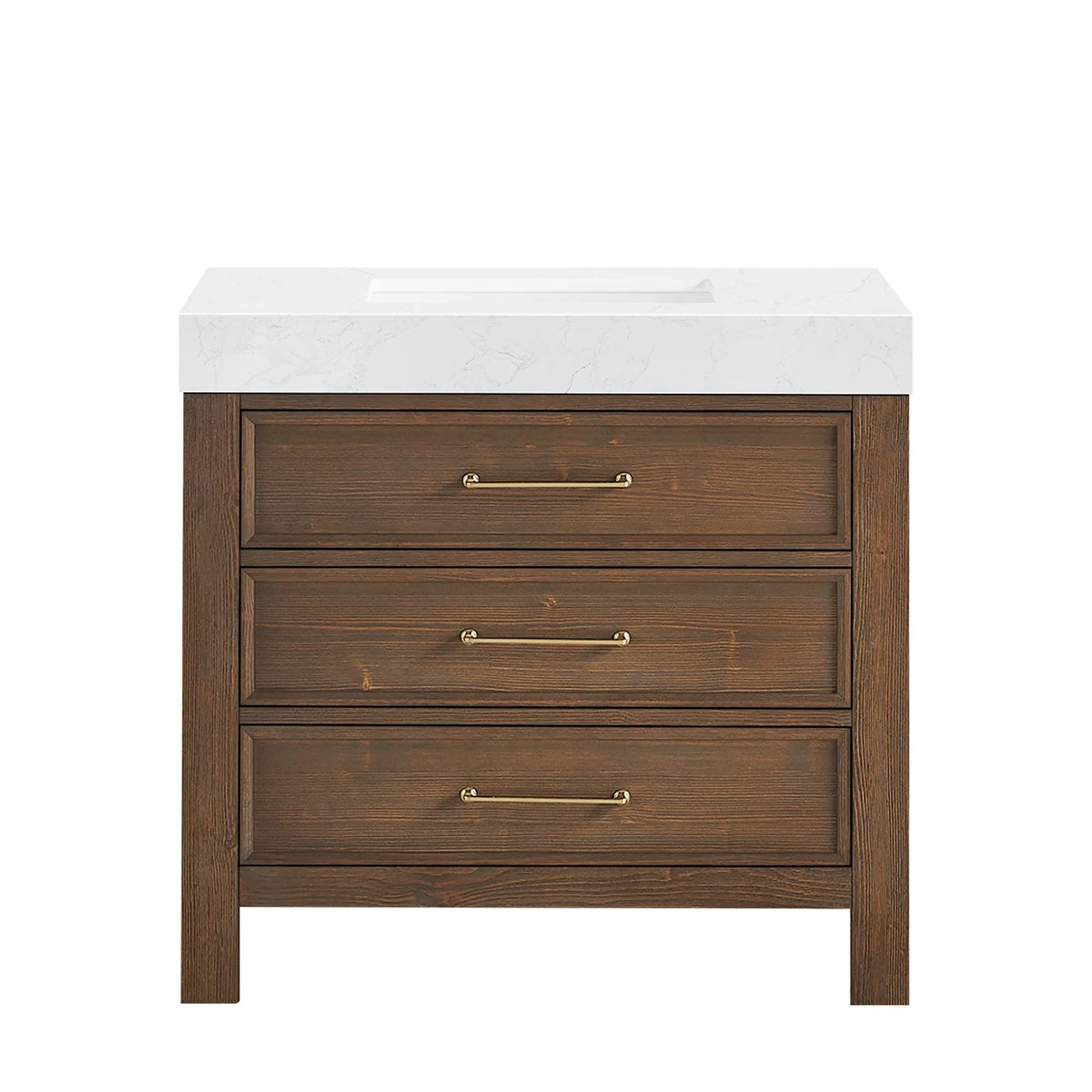 Spruce Aged Brown single bathroom vanity, 36-inch, with Lightning White composite stone top, photographed head-on, no mirror