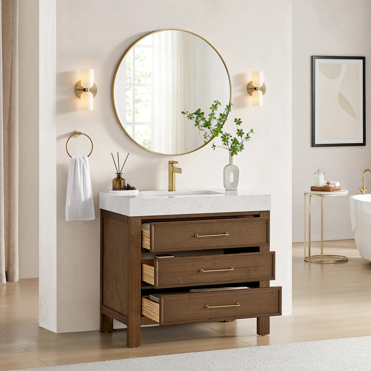 36-inch single vanity, drawers pulled out, a light bath with a tub