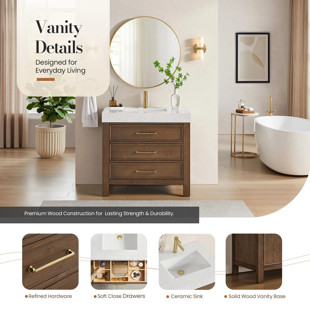 Details graphic pairing a room scene with close-ups of the pull and the soft-close drawers