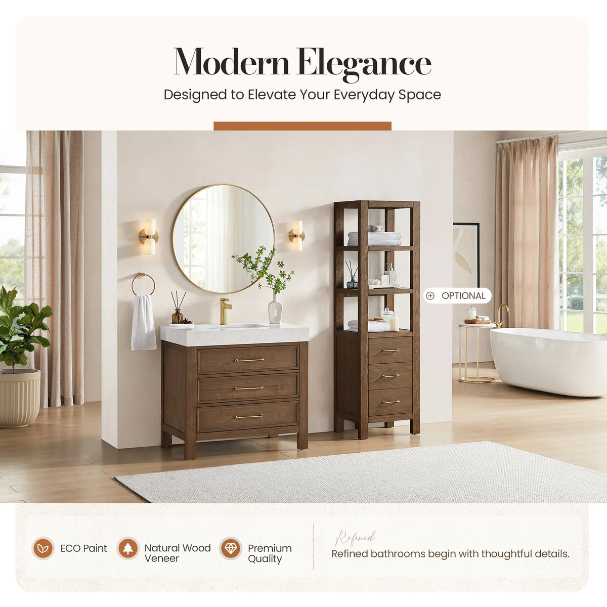 A light bath with a tub; the tall cabinet beside the Spruce Aged Brown vanity is not included