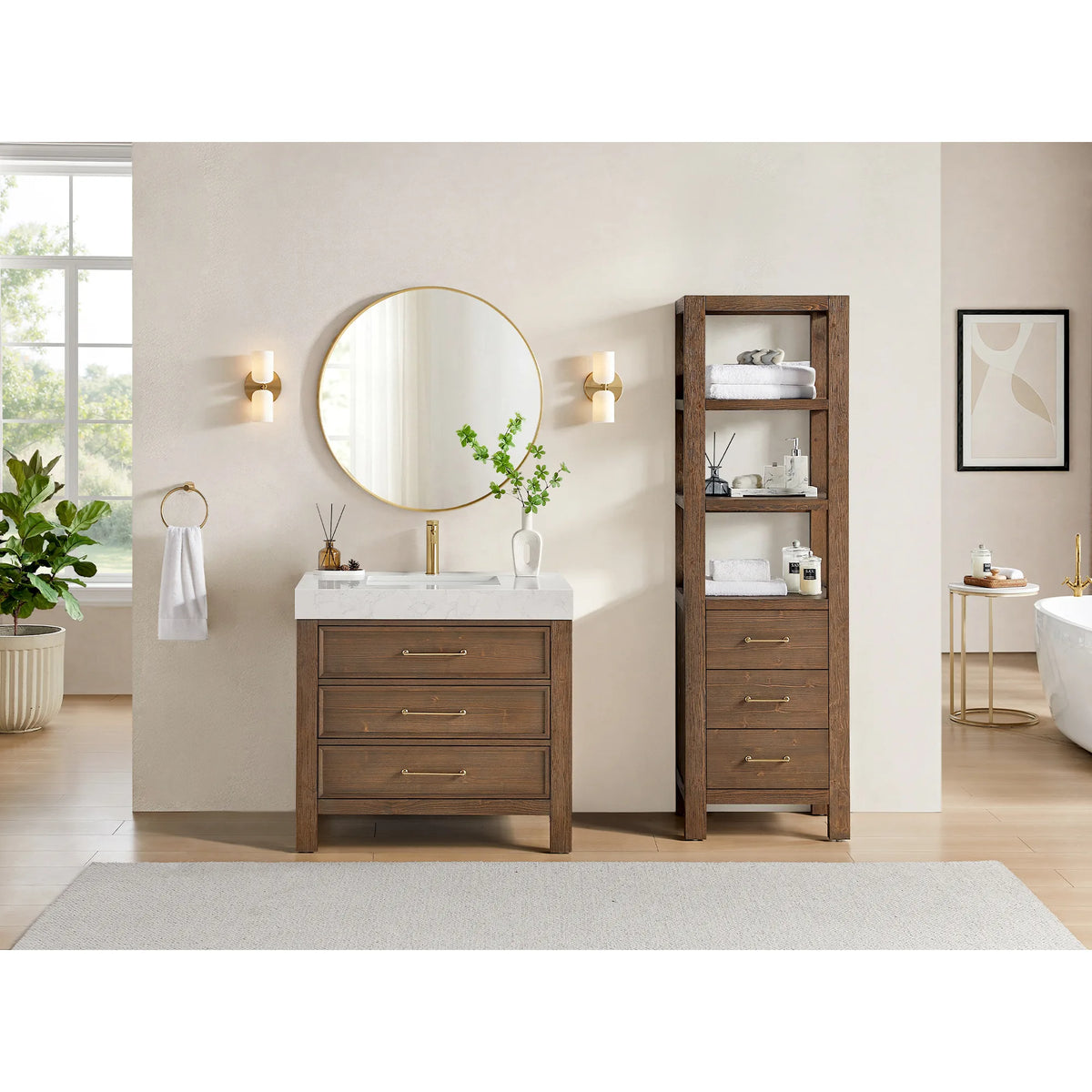 Separate tall cabinet (not included) beside the 36-inch single vanity