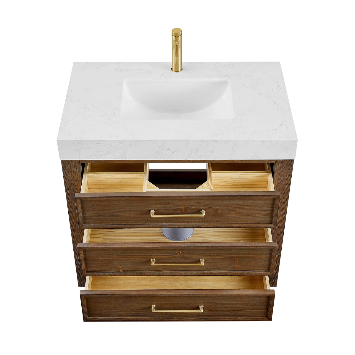 Drawers viewed with the Lightning White composite stone top sitting above them