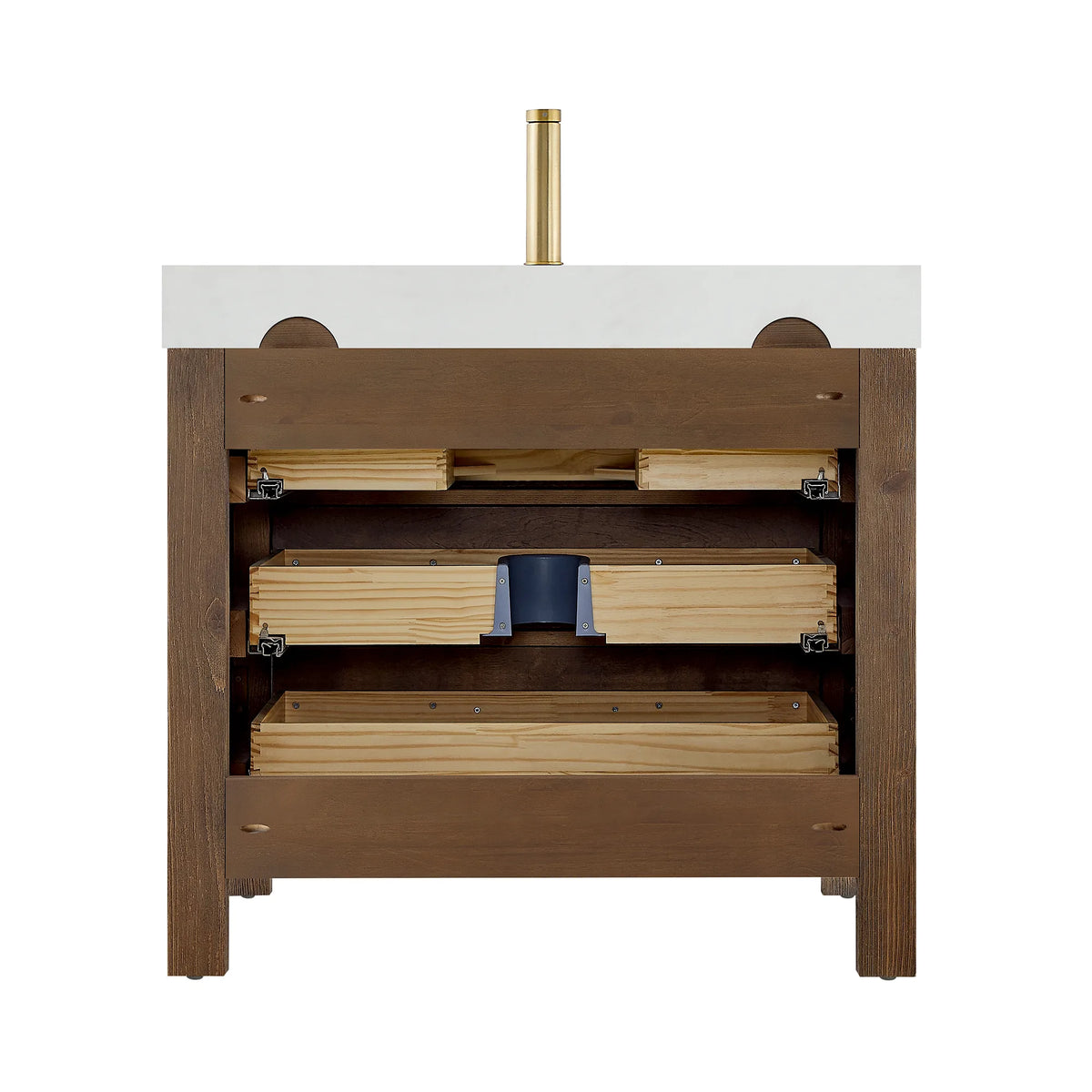 Interior of the Spruce Aged Brown vanity base seen from the back, white background