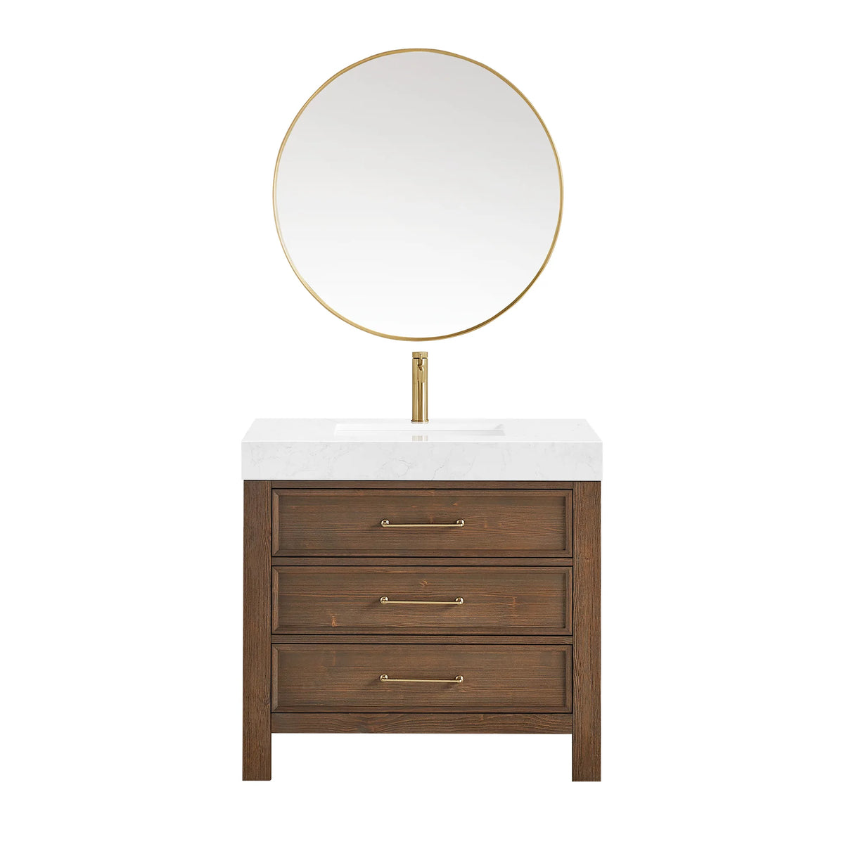 Circular wall mirror sold with the Spruce Aged Brown single vanity, shown as a set