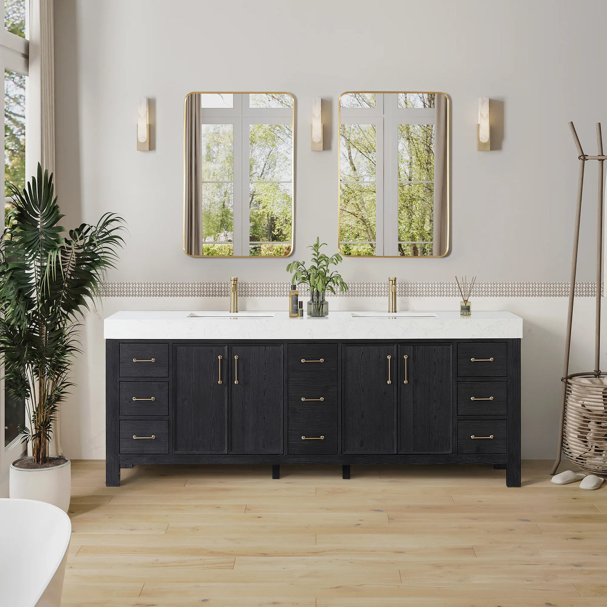 Wide shot of the Fir Wood Black cabinet and two rectangular wall mirrors in a bath with a tub in view