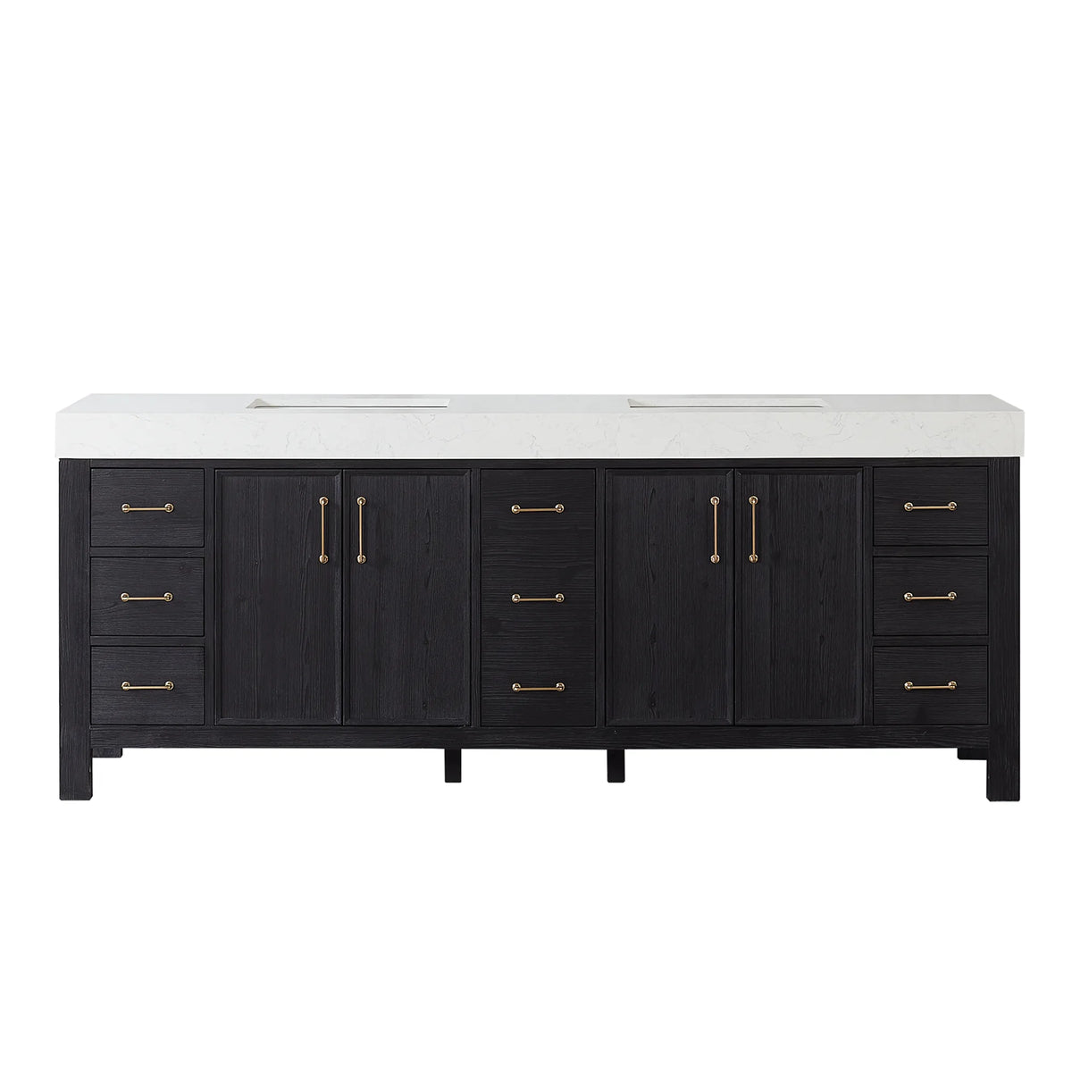 84-inch Fir Wood Black vanity with faucets fitted for the photo; the faucets are not included