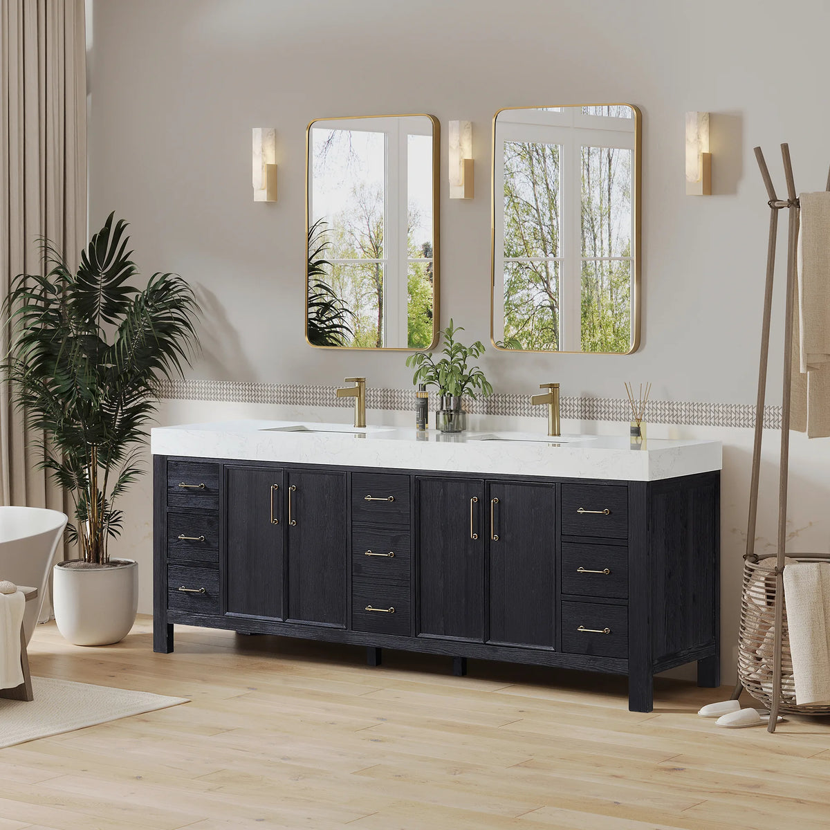 The Fir Wood Black double vanity at 84 inches, mirrored overhead by two rectangular wall mirrors; a bath with a tub in view