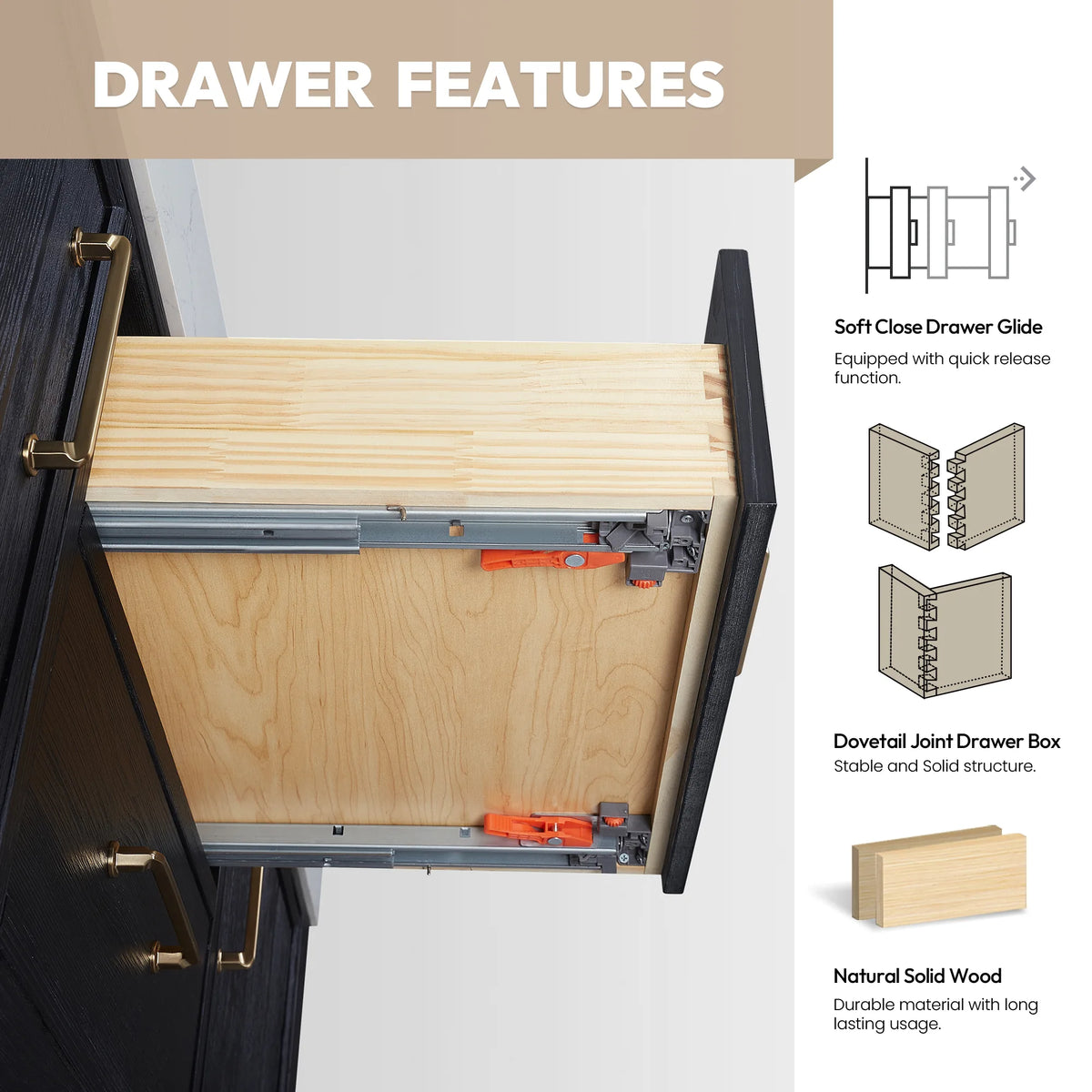 Feature graphic of the drawer: soft-close glide and dovetail joint box construction