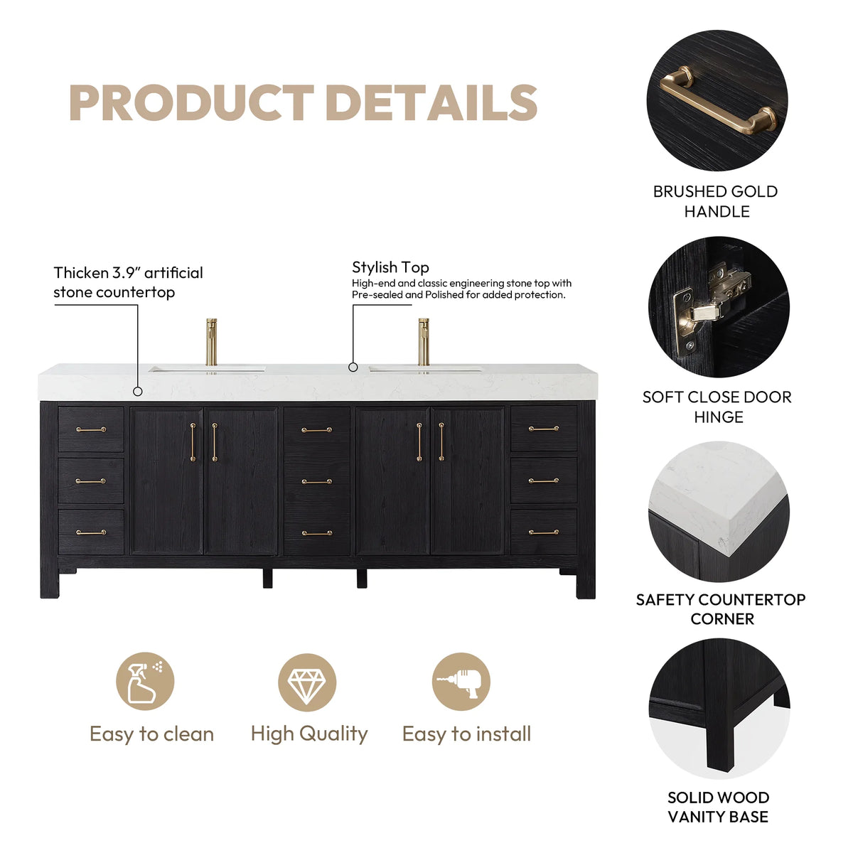 Product details graphic labeling brushed gold handle, safety countertop corner and solid wood base