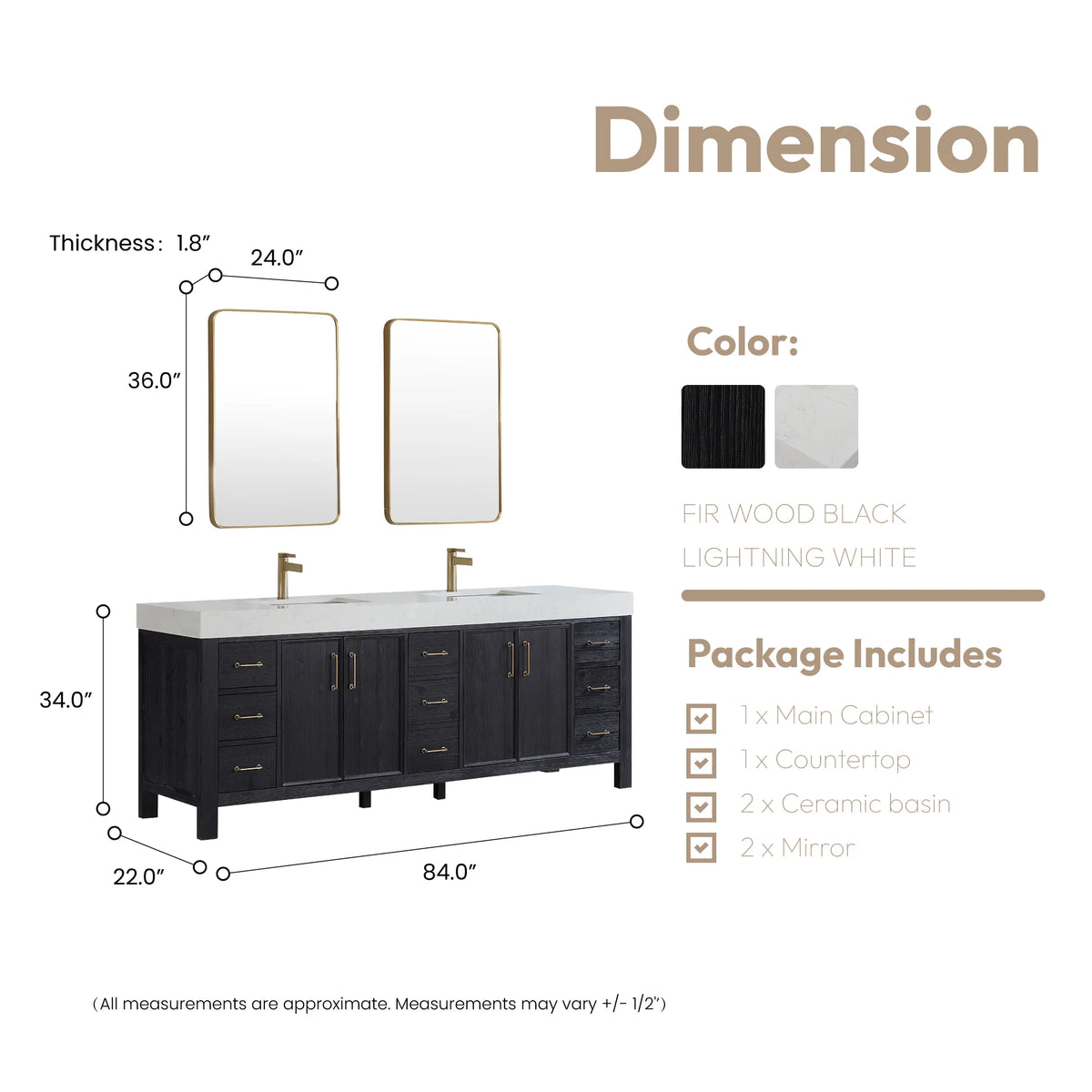 Size diagram of the 84-inch double vanity and its two rectangular wall mirrors