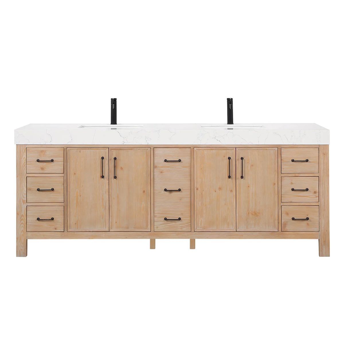 84-inch Fir Wood Brown double bathroom vanity with Lightning White composite stone top, studio front view