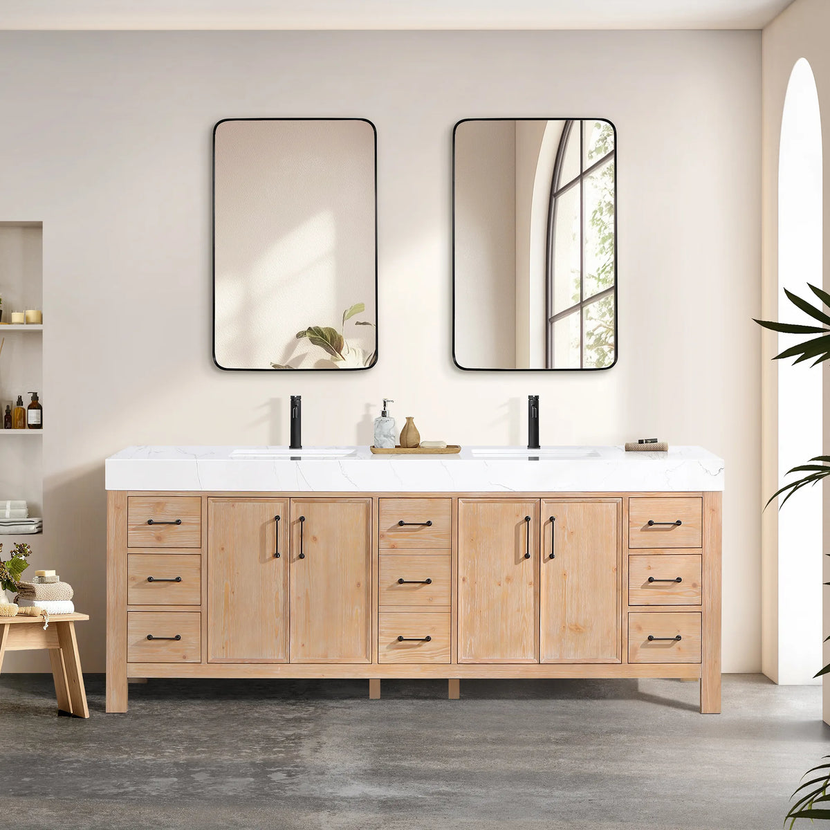 Wide shot of the Fir Wood Brown cabinet and two rectangular wall mirrors in a sunlit bath with an arched wall niche