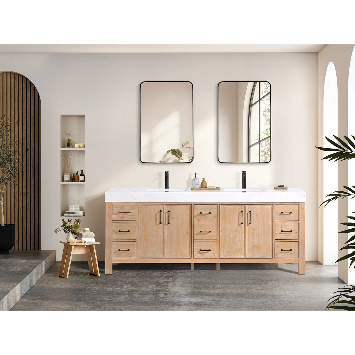 Staged view of the Fir Wood Brown cabinet with two rectangular wall mirrors over it