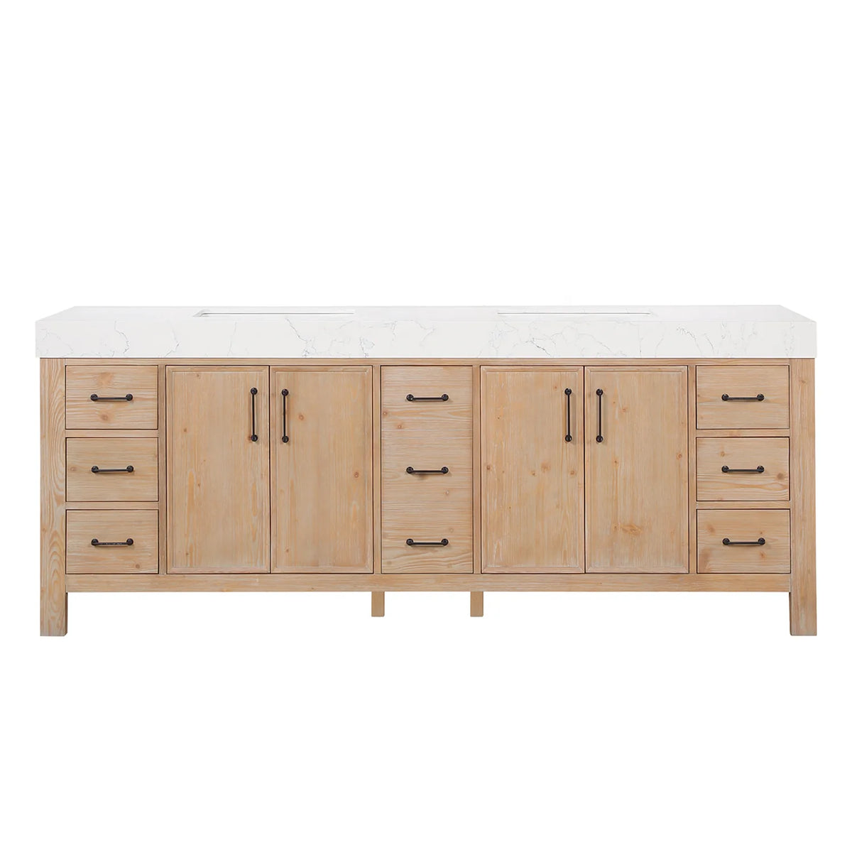 Straight-on view of the vanity with faucets fitted; faucets not included