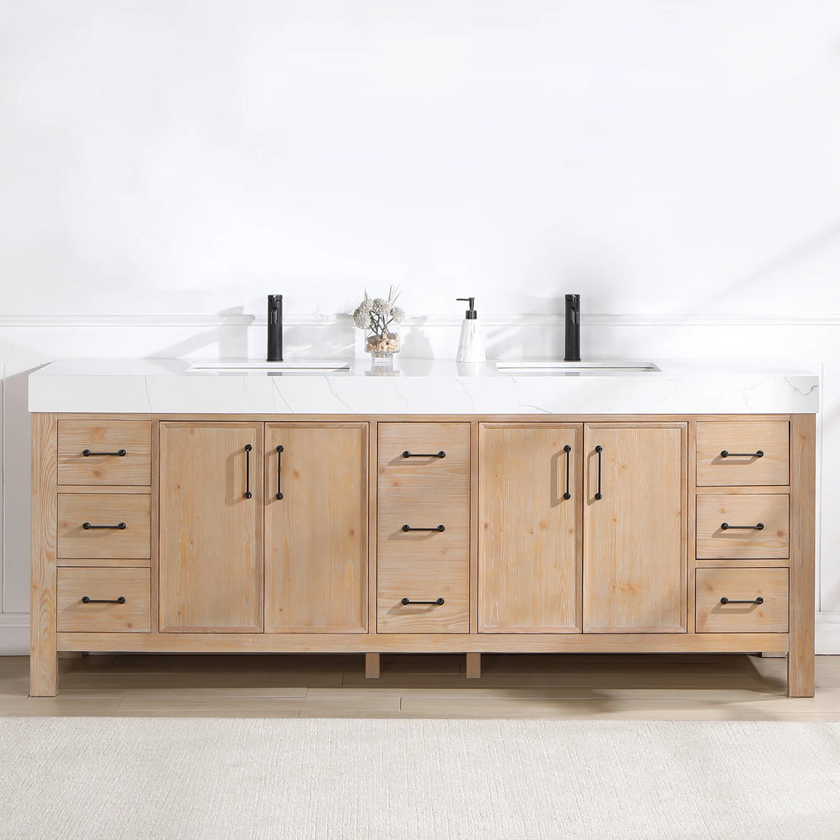 84-inch double vanity, closer crop, a light bath with paneled walls
