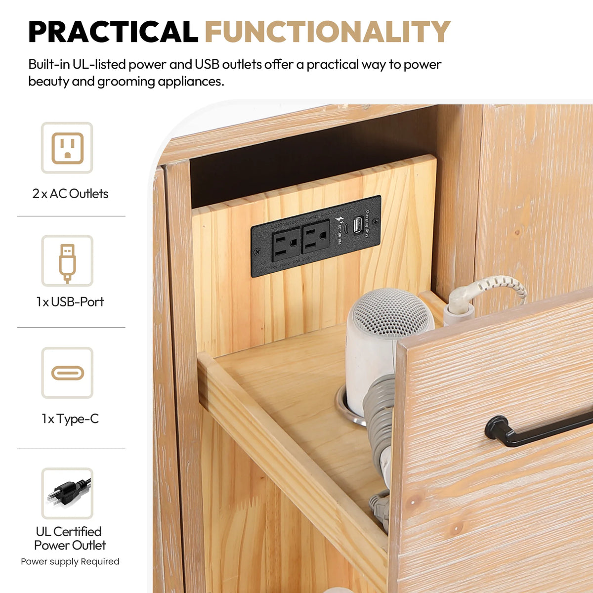 Function graphic: AC outlets and USB ports built in beside a hair dryer holder