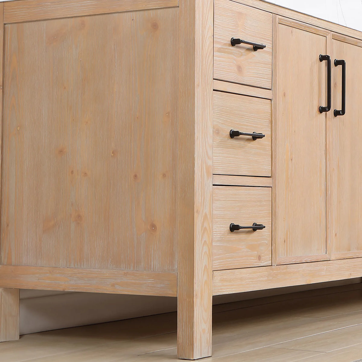 Leg and side panel of the 84-inch cabinet at floor level
