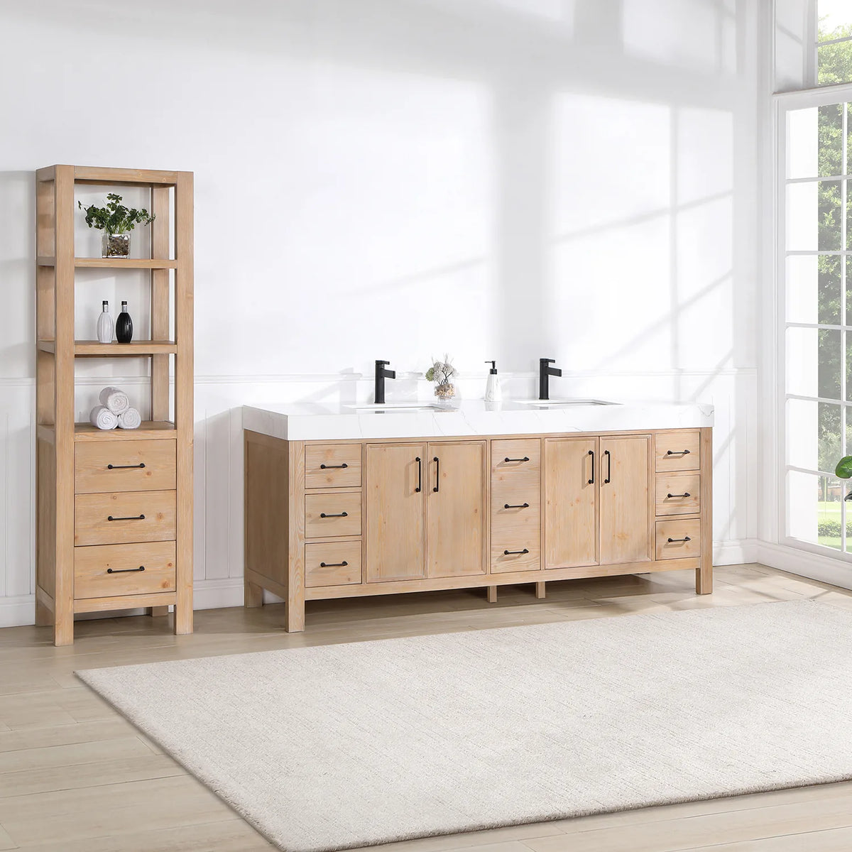 Tall cabinet, not included, standing next to the Fir Wood Brown double vanity