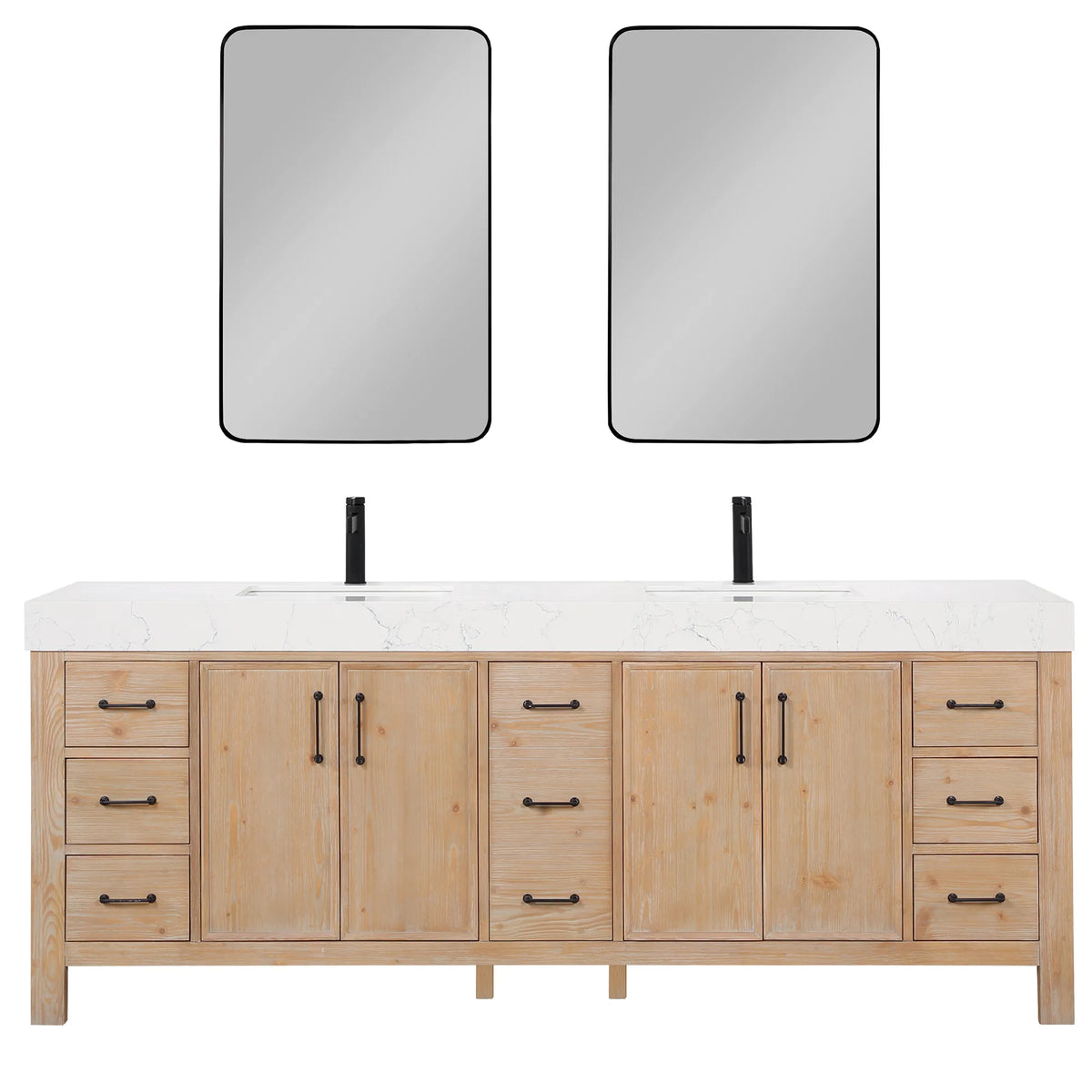 The matching two rectangular wall mirrors above the 84-inch Fir Wood Brown double vanity, white studio shot